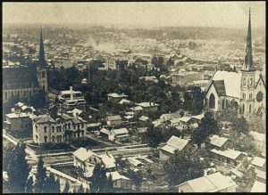 View of Park Congregational (left) and Fountain Street Baptist (right), 1880, Wikimedia Commons