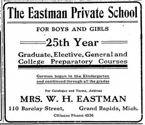 Advertisement for the Eastman Private School, Grand Rapids Herald, September 6, 1908.